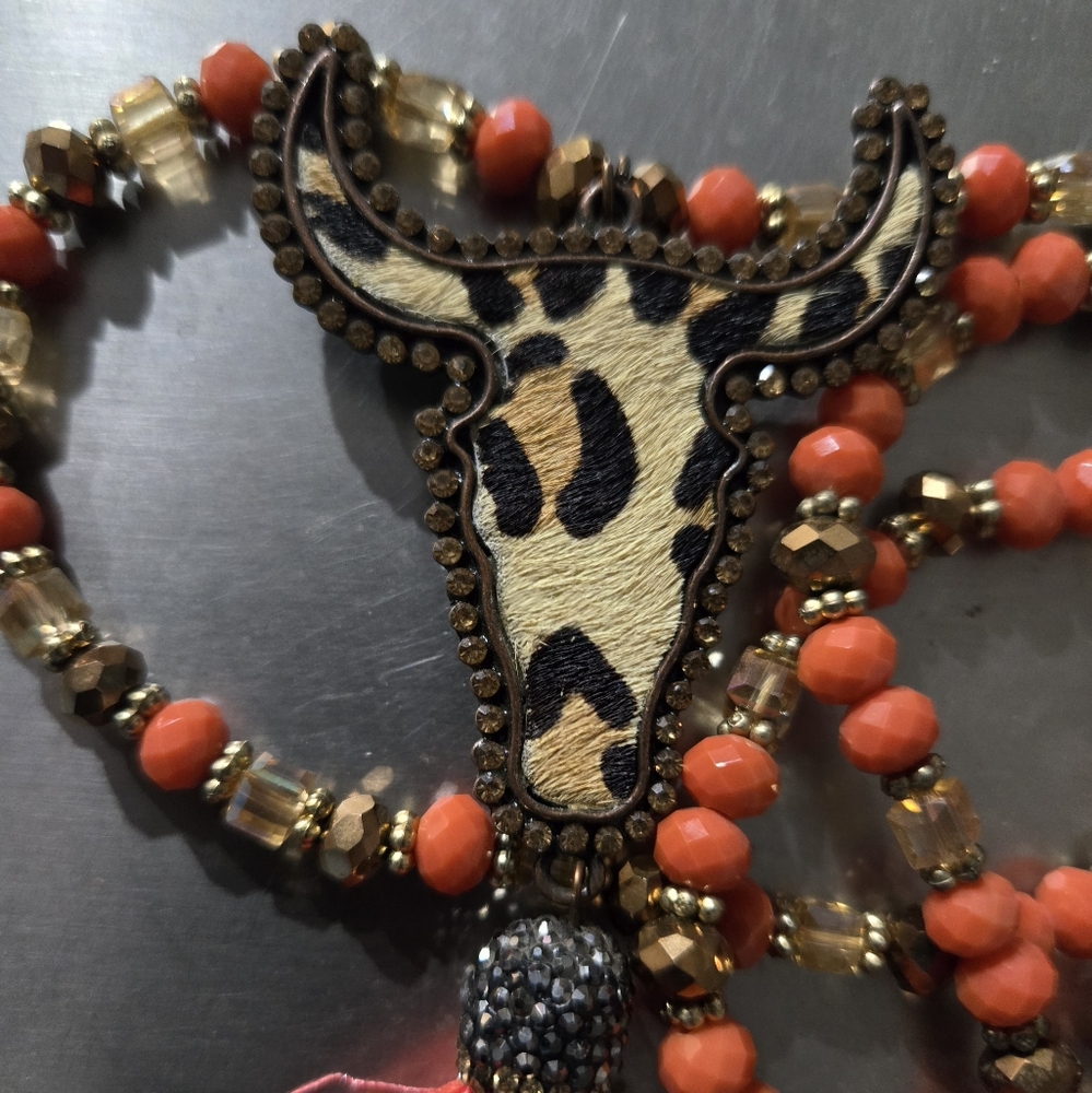 Leopard Print Beaded Bull Pendant Necklace